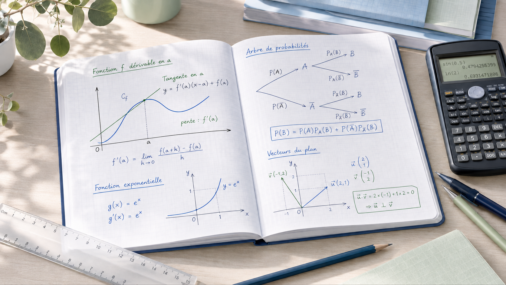 Cahier de mathématiques ouvert avec formules et instruments de géométrie