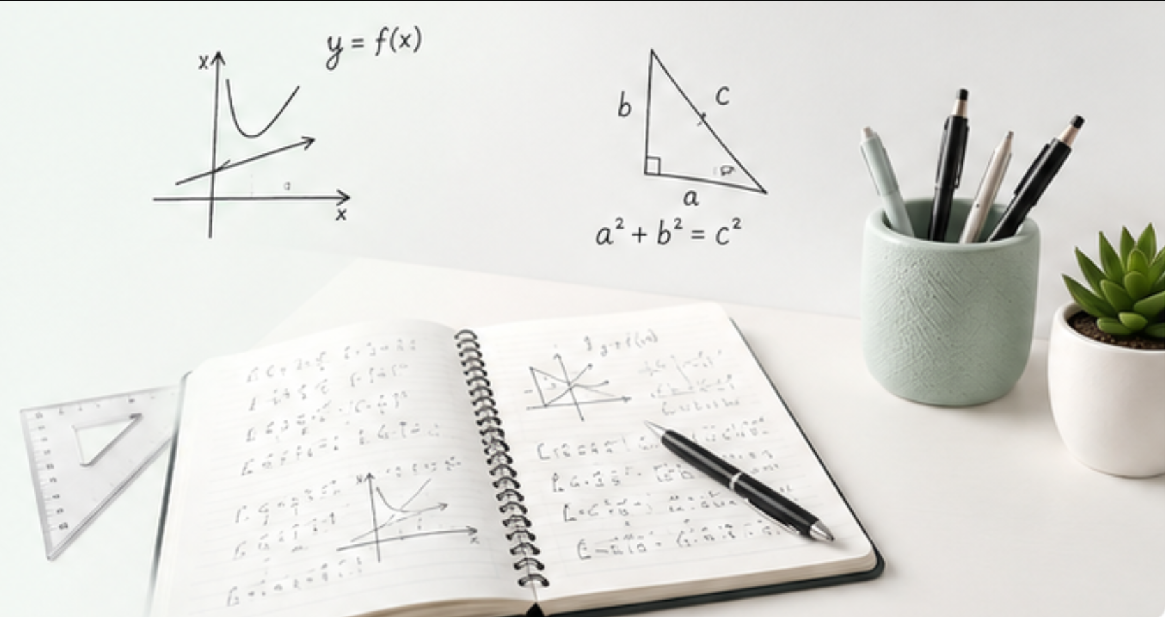 Cahier de mathématiques ouvert avec formules et instruments de géométrie